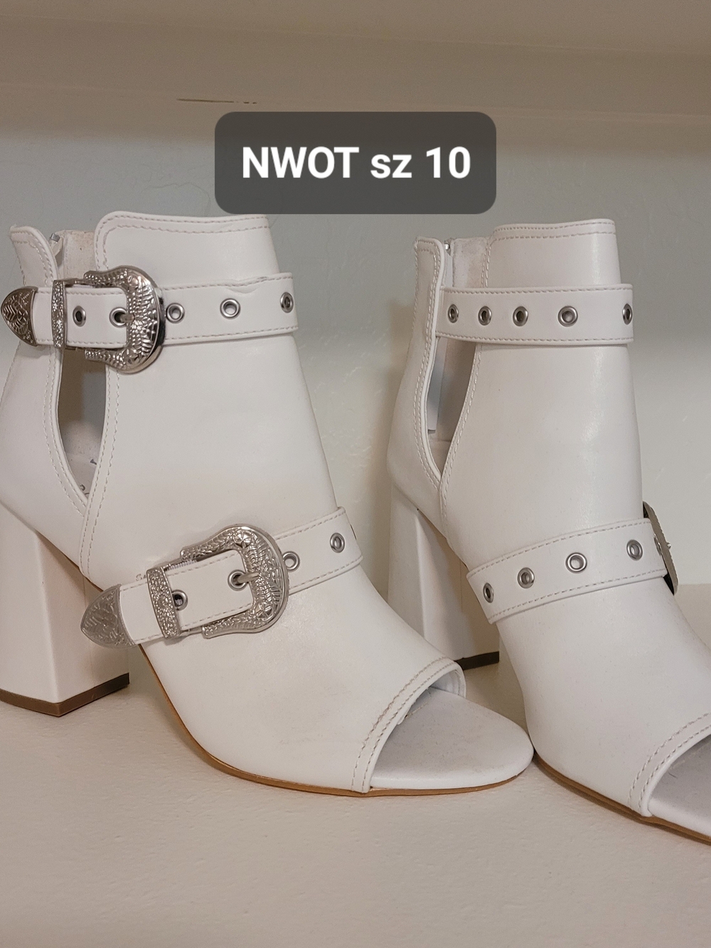White Open-Toe Buckle Block Heel Ankle Boots - Women